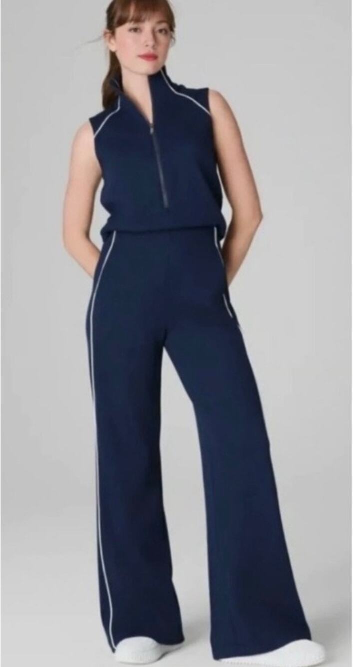 SPANX Jumpsuit Medium AirEssentials Pique Sleeveless Mockneck Stretchy Half Zip